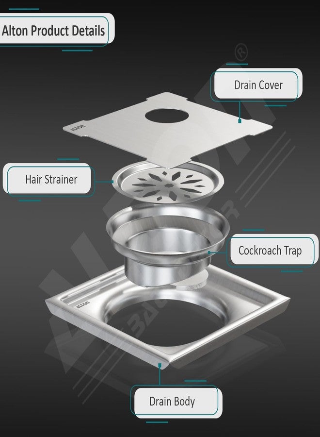 ALTON ALD1005, SS-304 Grade, 6x6 INCH Cut, Bathroom Grating Square Floor Drain Jali with Cockroach Trap, Matte - Image 3